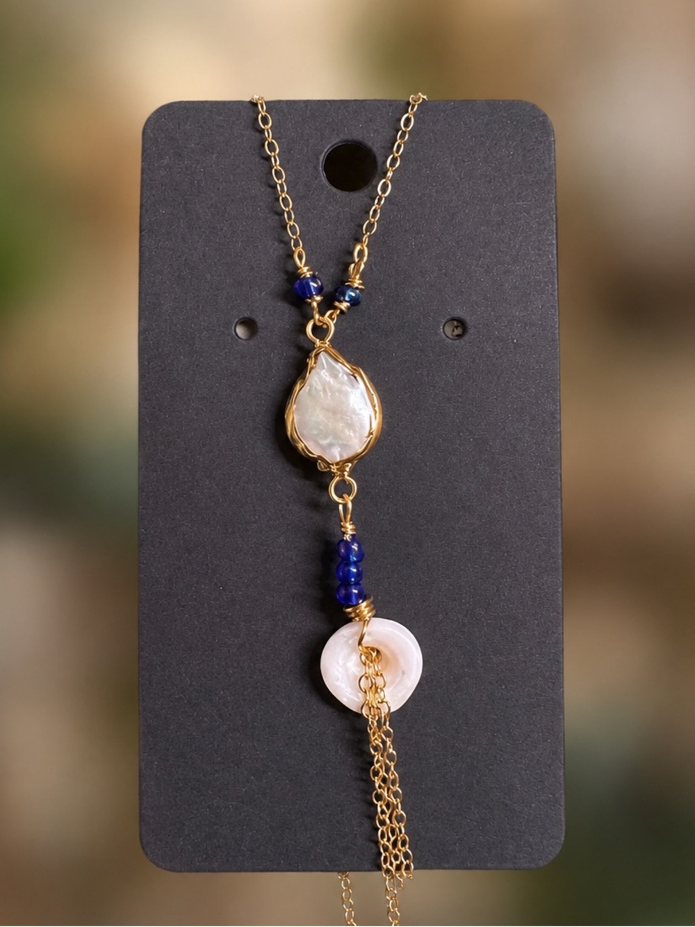 Gold Pearl and Blue Bead Lariat Necklace by - Picture 3 of 3